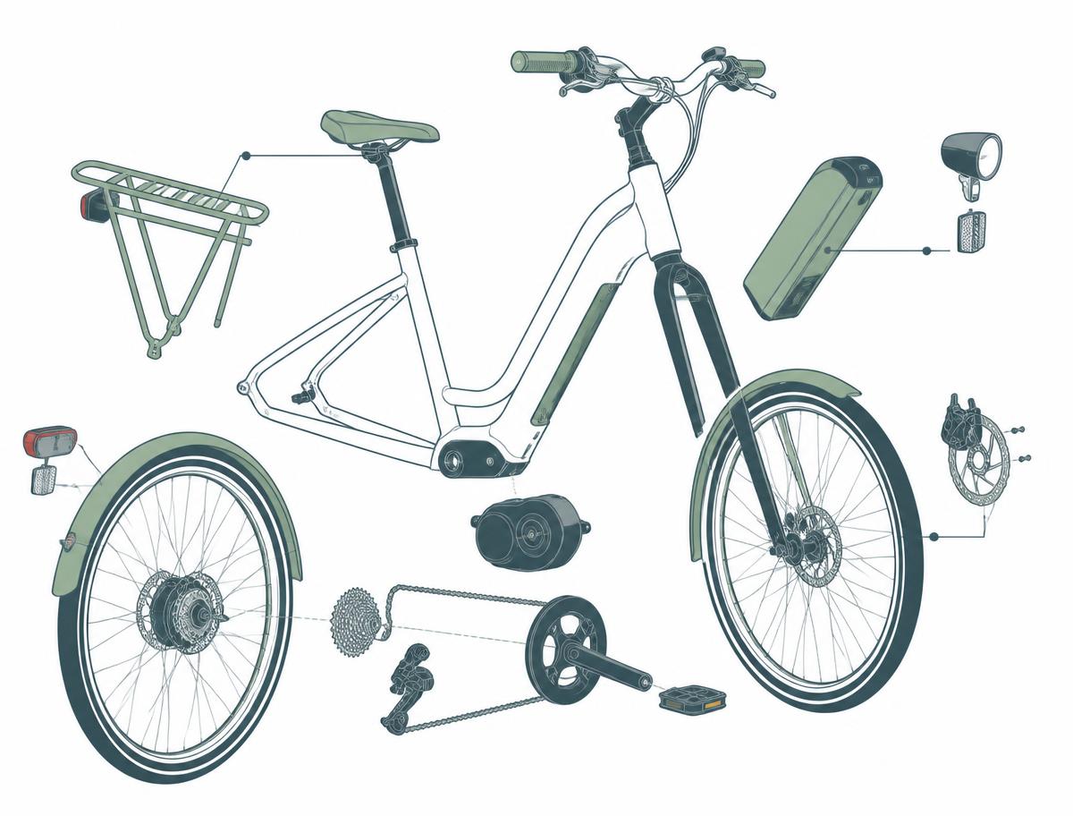 Vue éclatée simplifiée du Solarys One : cadre, moteur central, batterie, transmission, freinage, porte-bagages et éclairage